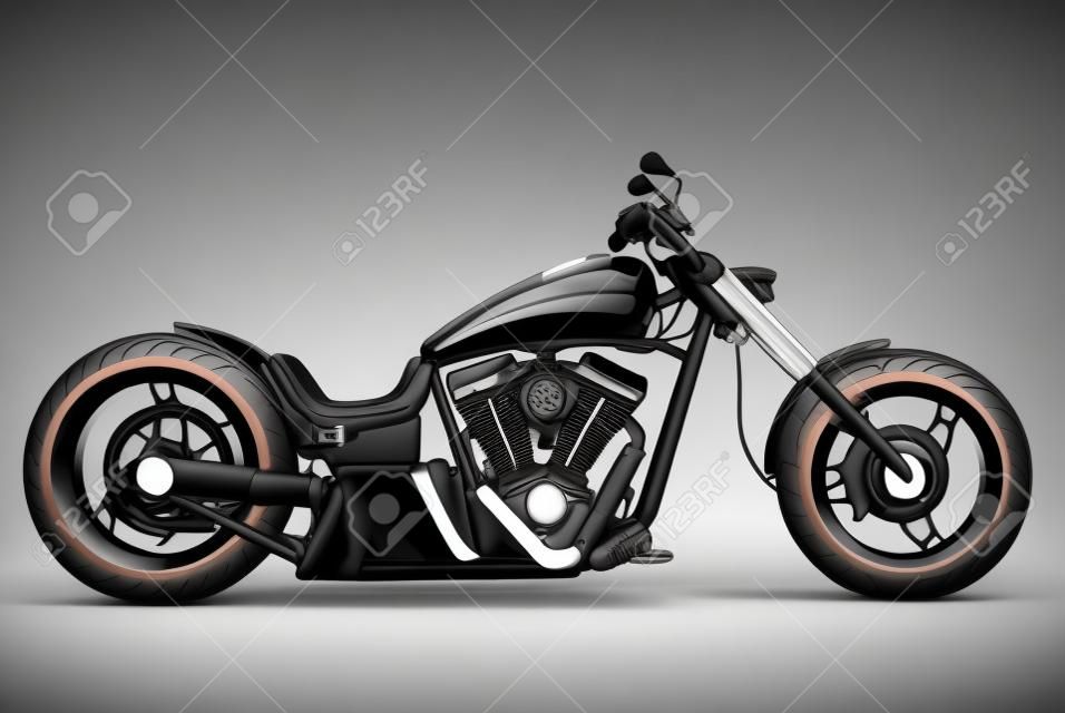白い背景の上のカスタムの黒いオートバイ