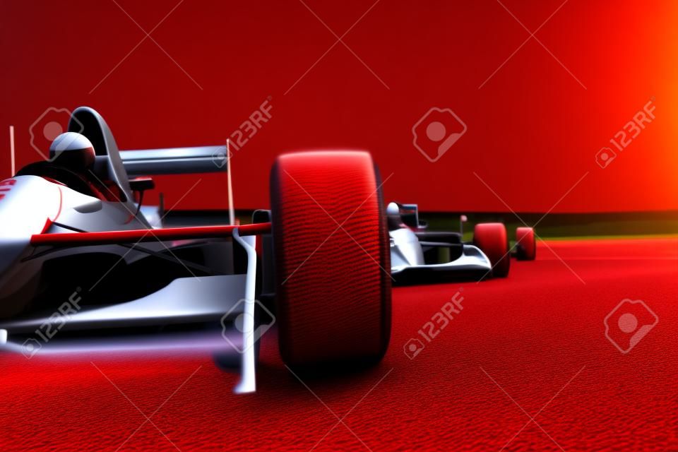 Coche de carreras rojo cerca vista frontal en una pista a la cabeza con el desenfoque de movimiento de alta resolución 3d habitación render de texto o espacio de la copia