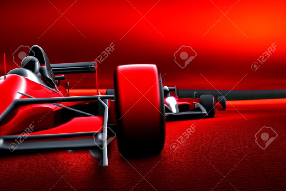 Red race car close up front view on a track leading the pack with motion blur  High resolution 3d render  Room for text or copy space