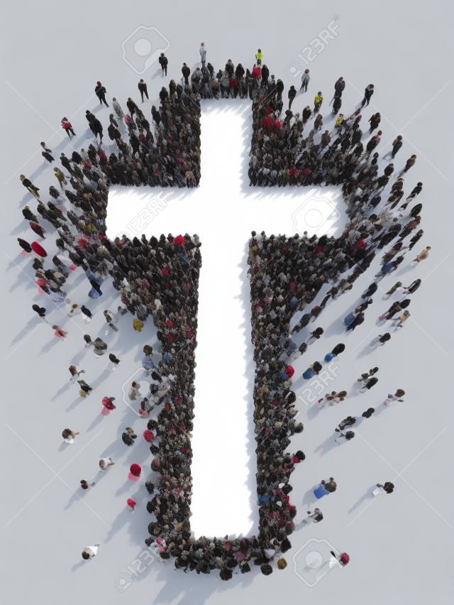 Large crowd of people walking to and forming the shape of a cross on a white background