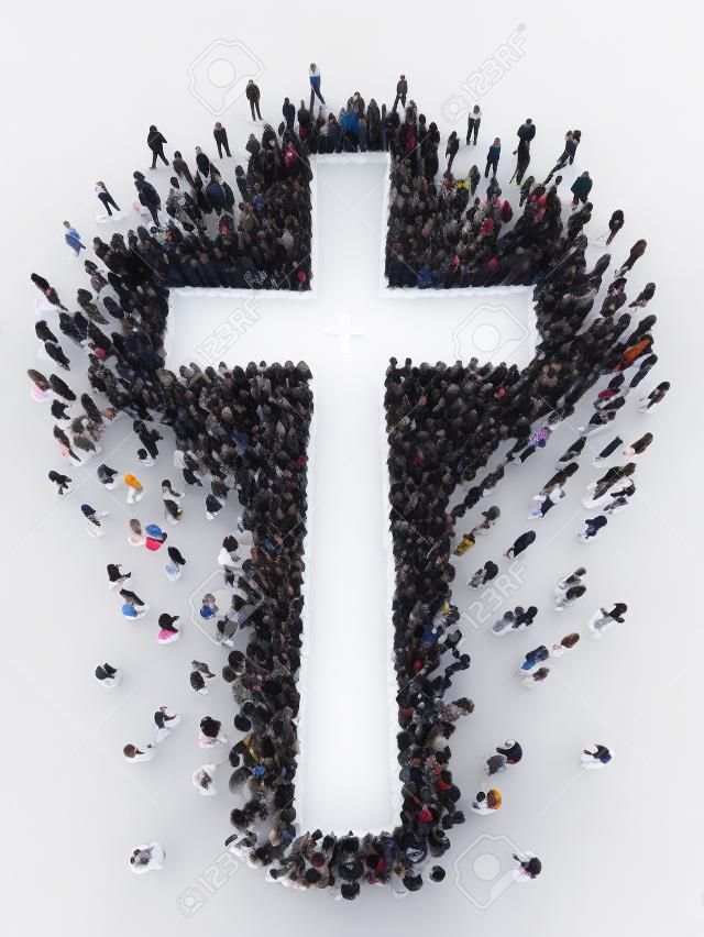 Duży tłum ludzi idących do i tworzących kształt krzyża na białym tle