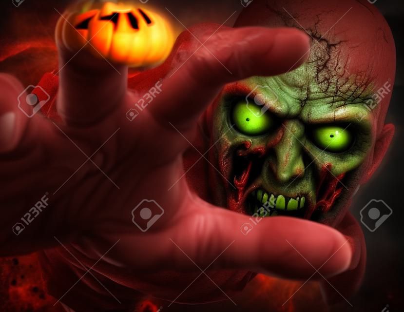 Close-up ritratto di uno zombie spaventoso terribile attacco, raggiungendo per la sua vittima ignara. Orrore. Halloween. rendering 3D