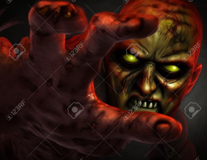 Close-up portrait of a horrible scary zombie attacking, reaching for its unsuspecting victim . Horror. Halloween. 3d rendering