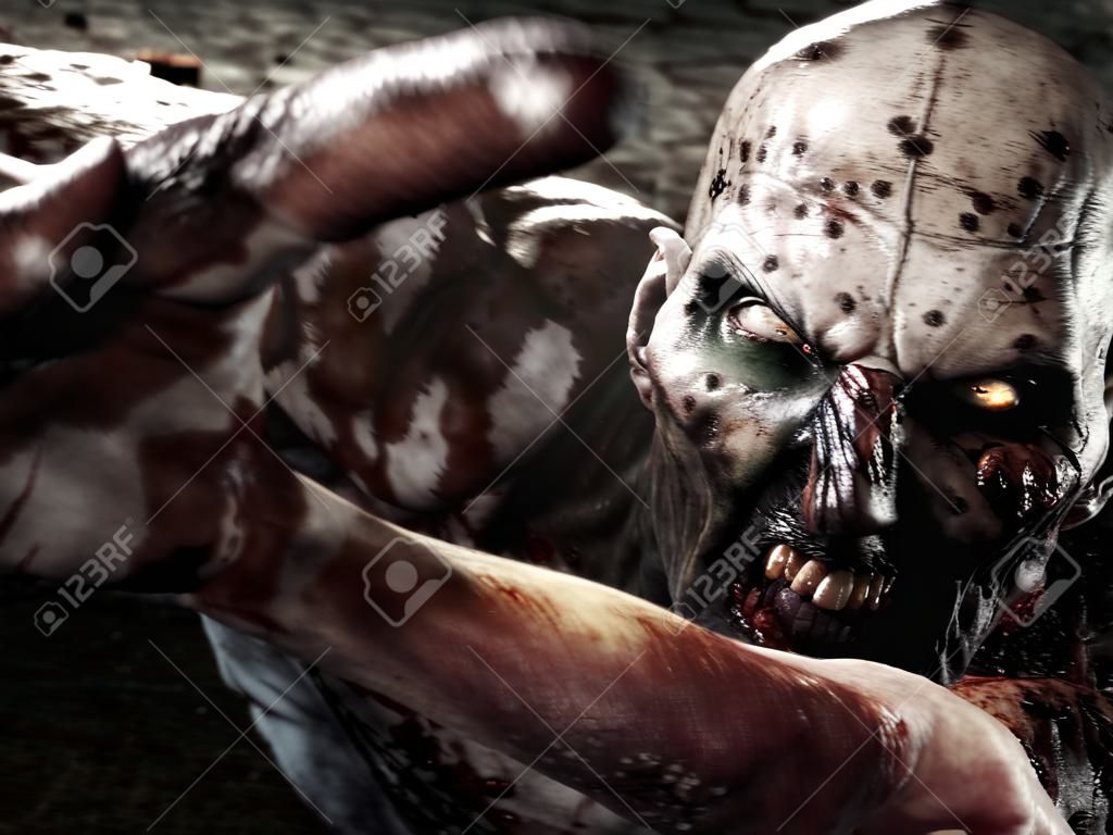 Close-up ritratto di uno zombie spaventoso terribile attacco, raggiungendo per la sua vittima ignara. Orrore. Halloween. rendering 3D