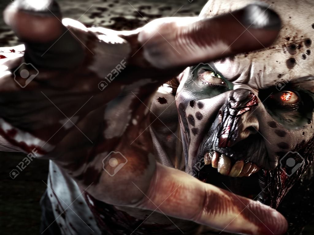 Close-up portrait d'un zombie effrayant horribles attaquant, atteignant pour sa victime sans méfiance. Horreur. Halloween. rendu 3d