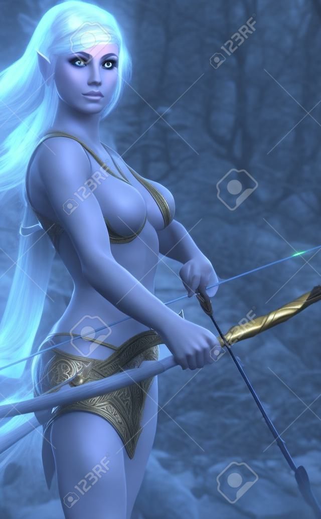 Fantasy blond Kobieta drewno elf łucznik z łuku stoi na straży. 3d rendering