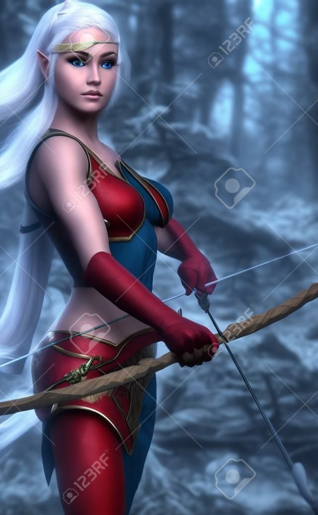 Fantasy blond Kobieta drewno elf łucznik z łuku stoi na straży. 3d rendering