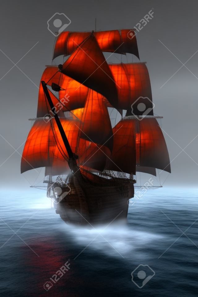 朝向相機穿過霧氣的海盜船隻的前視圖。 3d渲染