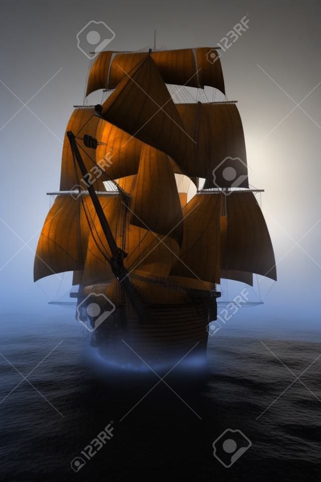 朝向相機穿過霧氣的海盜船隻的前視圖。 3d渲染