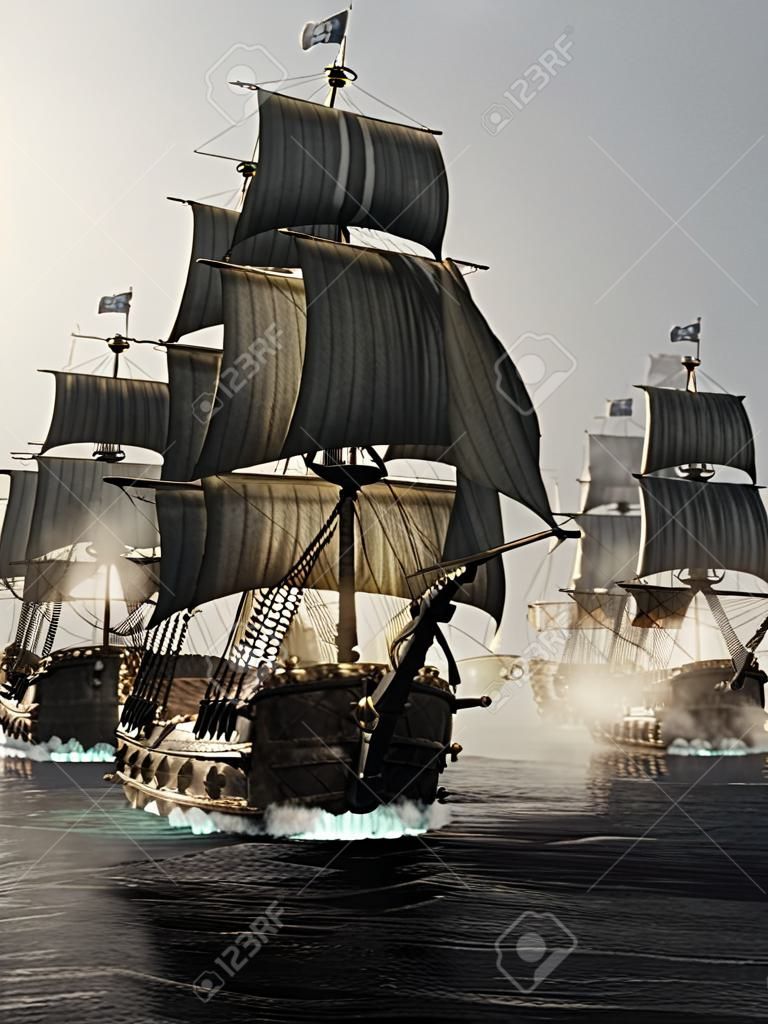 Vue de face d'une flotte de navires pirate perçant à travers le brouillard. Rendu 3D