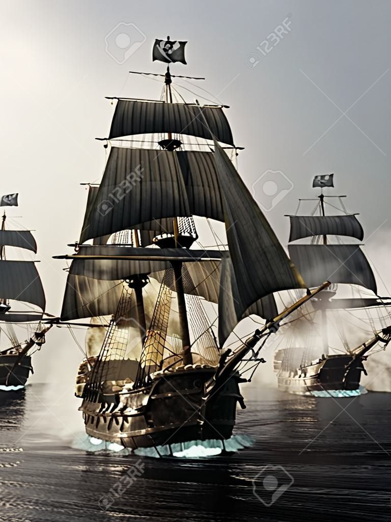 Vue de face d'une flotte de navires pirate perçant à travers le brouillard. Rendu 3D