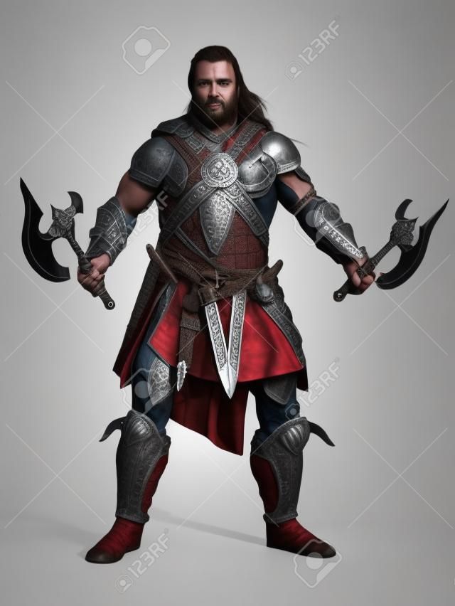 Fierce armored barbarian warrior ready for battle on an isolated white background. 3d rendering illustration