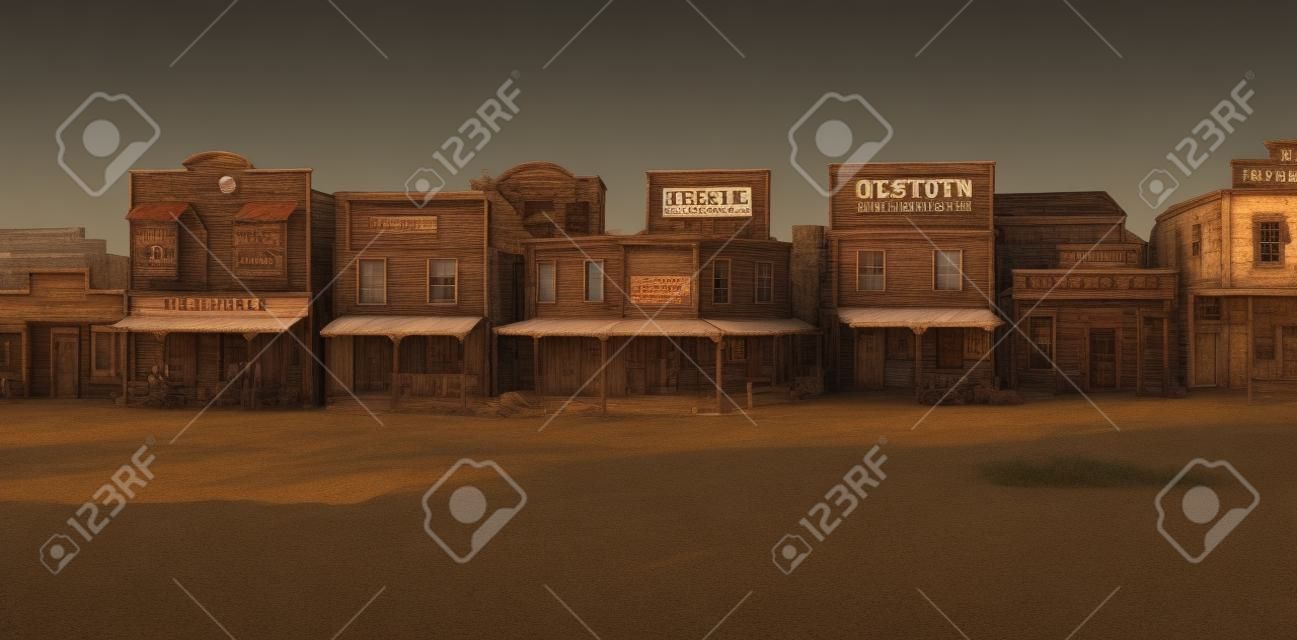 Breite Seitenansicht einer rustikalen antiken westlichen Stadt mit verschiedenen Geschäften. 3D-Rendering