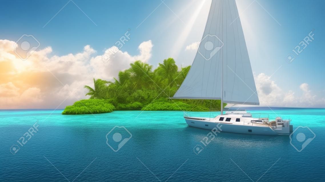 Privater Kurzurlaub. Segelboot erreicht eine abgelegene tropische Insel für zwei Personen. 3D-Rendering
