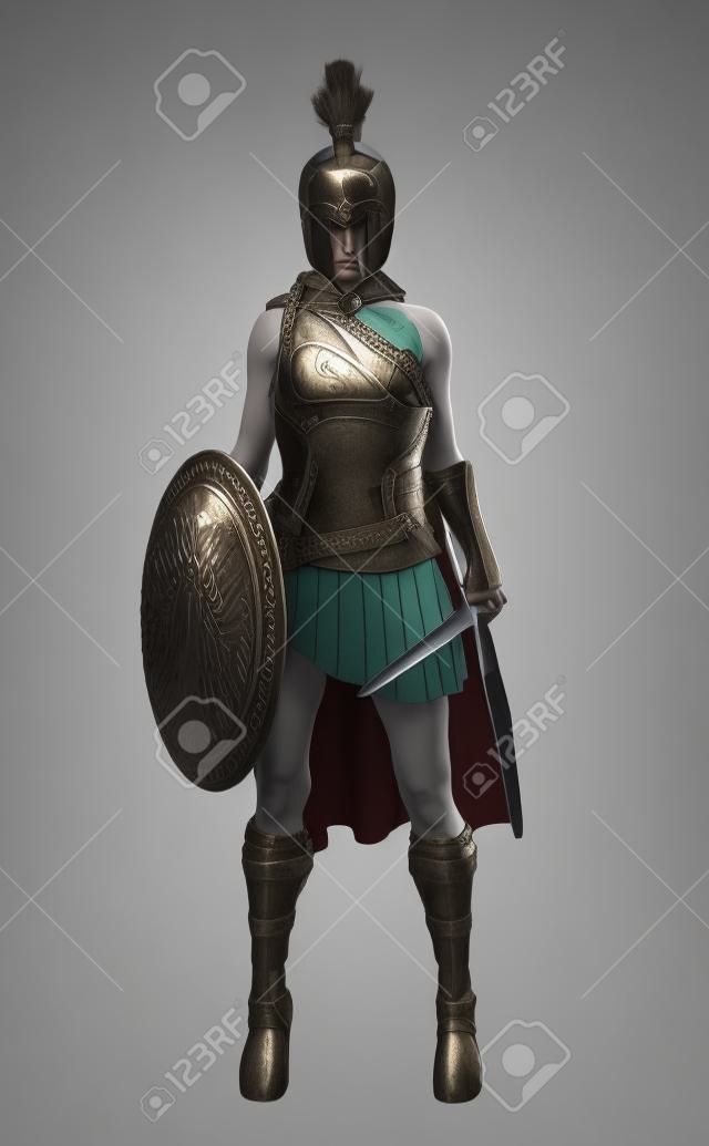 Retrato de una guerrera espartana griega equipada para la batalla con una espada y un escudo sobre un fondo blanco aislado. Representación 3D.