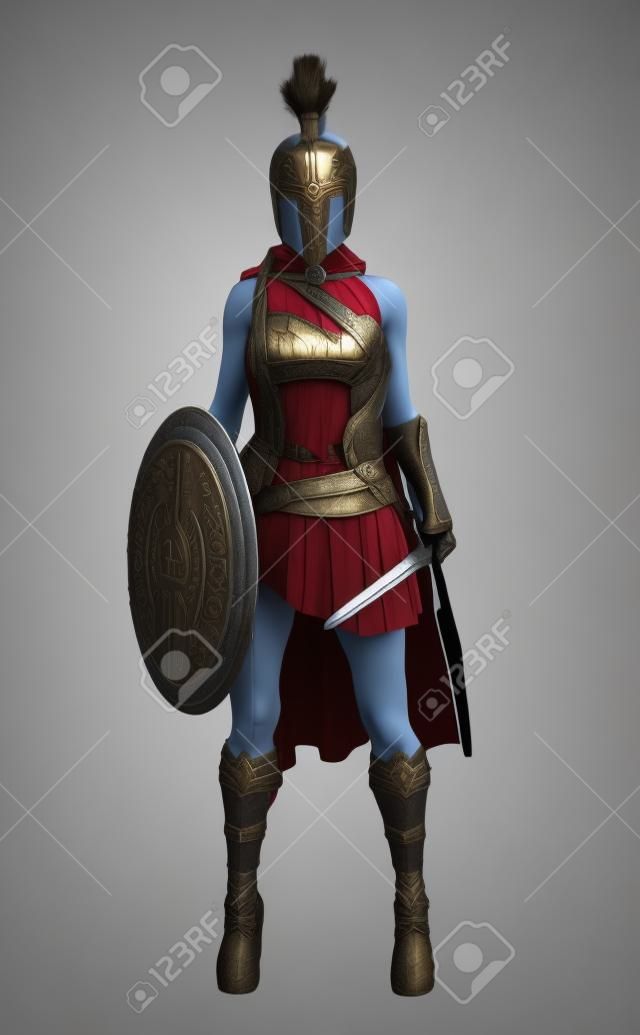 Porträt einer griechischen spartanischen Kriegerin, die für den Kampf mit einem Schwert und einem Schild auf einem weißen isolierten Hintergrund ausgerüstet ist. 3D-Rendering.