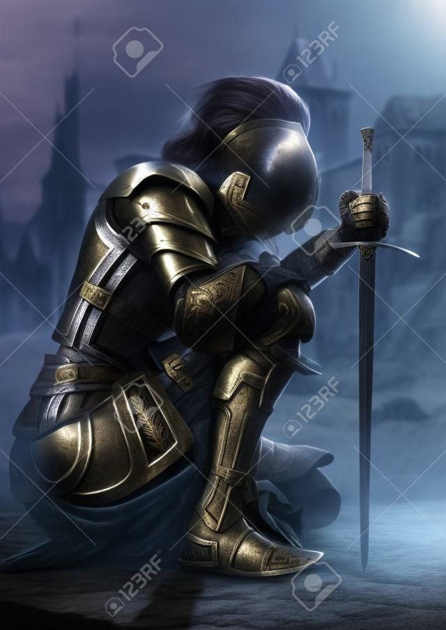 Cavaliere guerriero femminile inginocchiato che indossa un'armatura metallica decorativa con un castello sullo sfondo. Rendering 3D