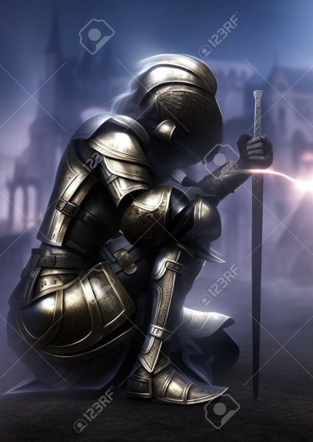 Женщина-воин-рыцарь на коленях в декоративных металлических доспехах с замком на заднем плане. 3d рендеринг