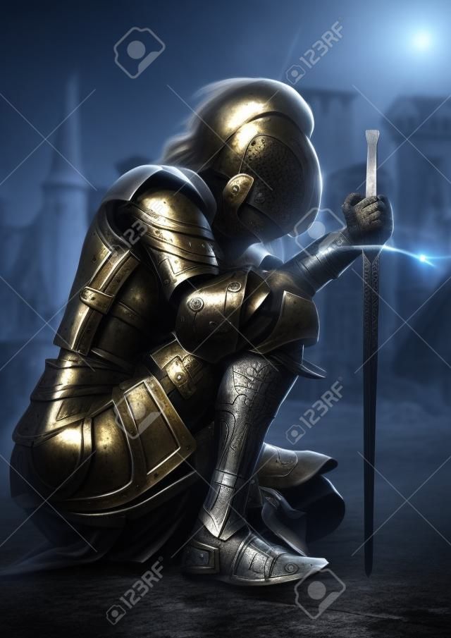 女戰士騎士下跪穿有一座城堡的裝飾金屬裝甲在背景中。 3D渲染