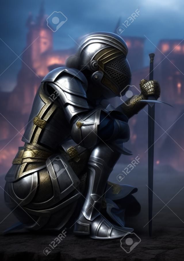 背景に城を持つ装飾的な金属の鎧を身に着けてひざまずく女性戦士騎士。3D レンダリング