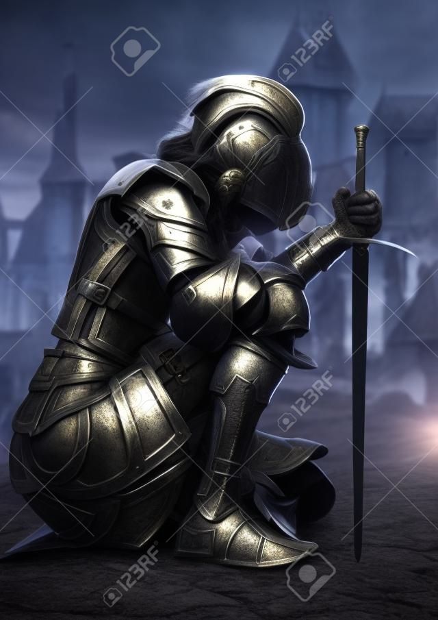 Mujer guerrera caballero arrodillado vistiendo una armadura metálica decorativa con un castillo en el fondo. Representación 3d