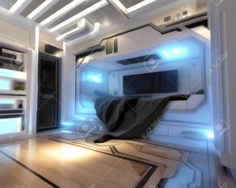 Interno camera da letto di fantascienza. Rendering 3d futuristico.