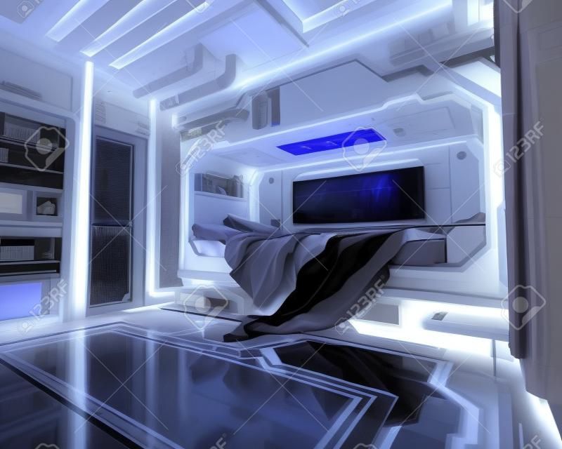 Wnętrze sypialni science fiction. Futurystyczne renderowanie 3d.