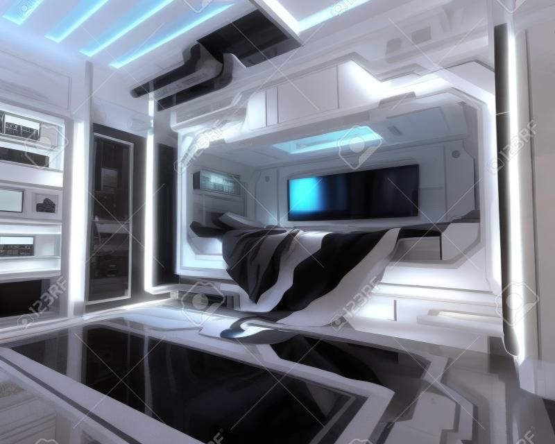 Science fiction bedroom interior .Futuristic 3d rendering.