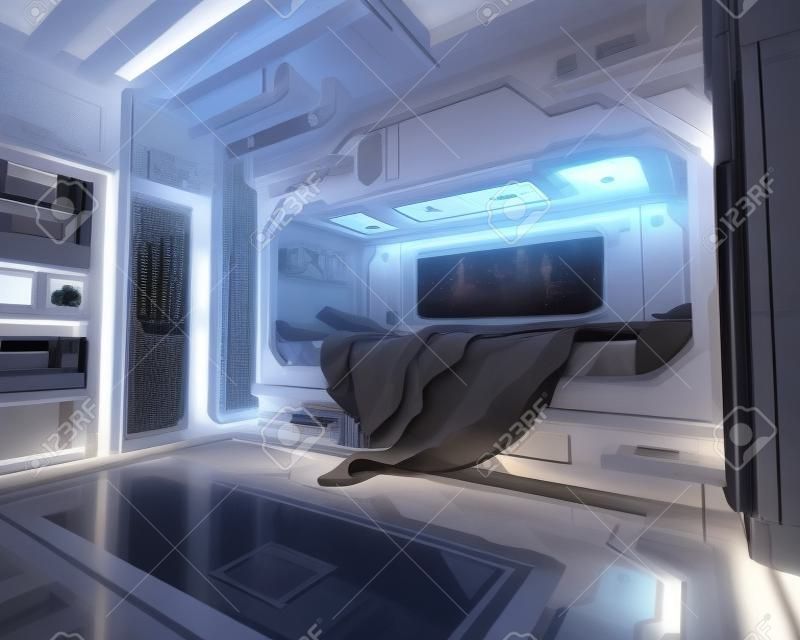 Wnętrze sypialni science fiction. Futurystyczne renderowanie 3d.