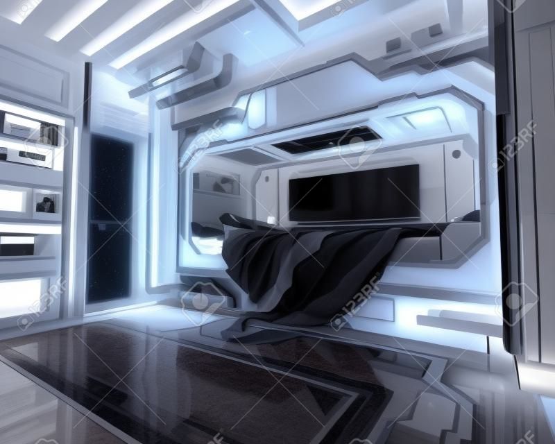 Intérieur de chambre à coucher de science-fiction .Rendu 3d futuriste.