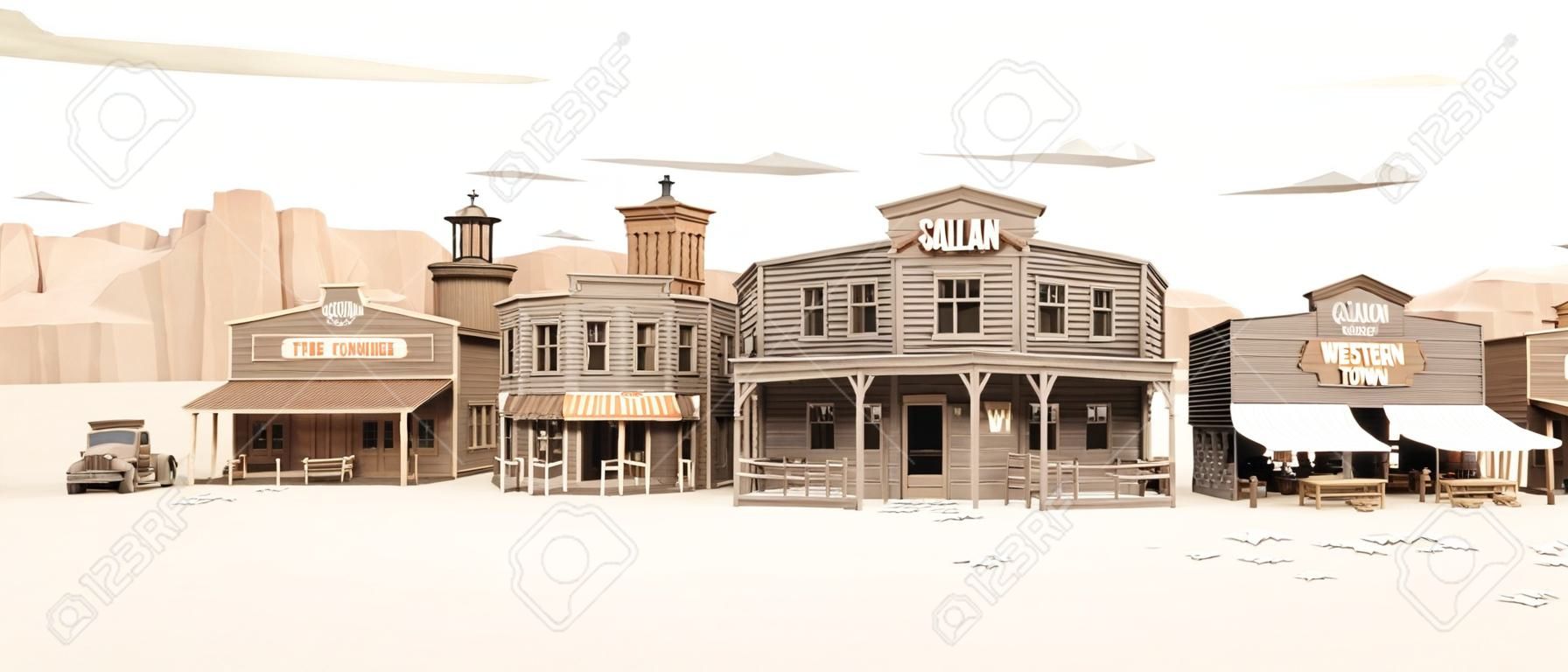 Szeroki widok z boku na rustykalne antyczne miasteczko Low Polygon Western z różnymi firmami. renderowanie 3d