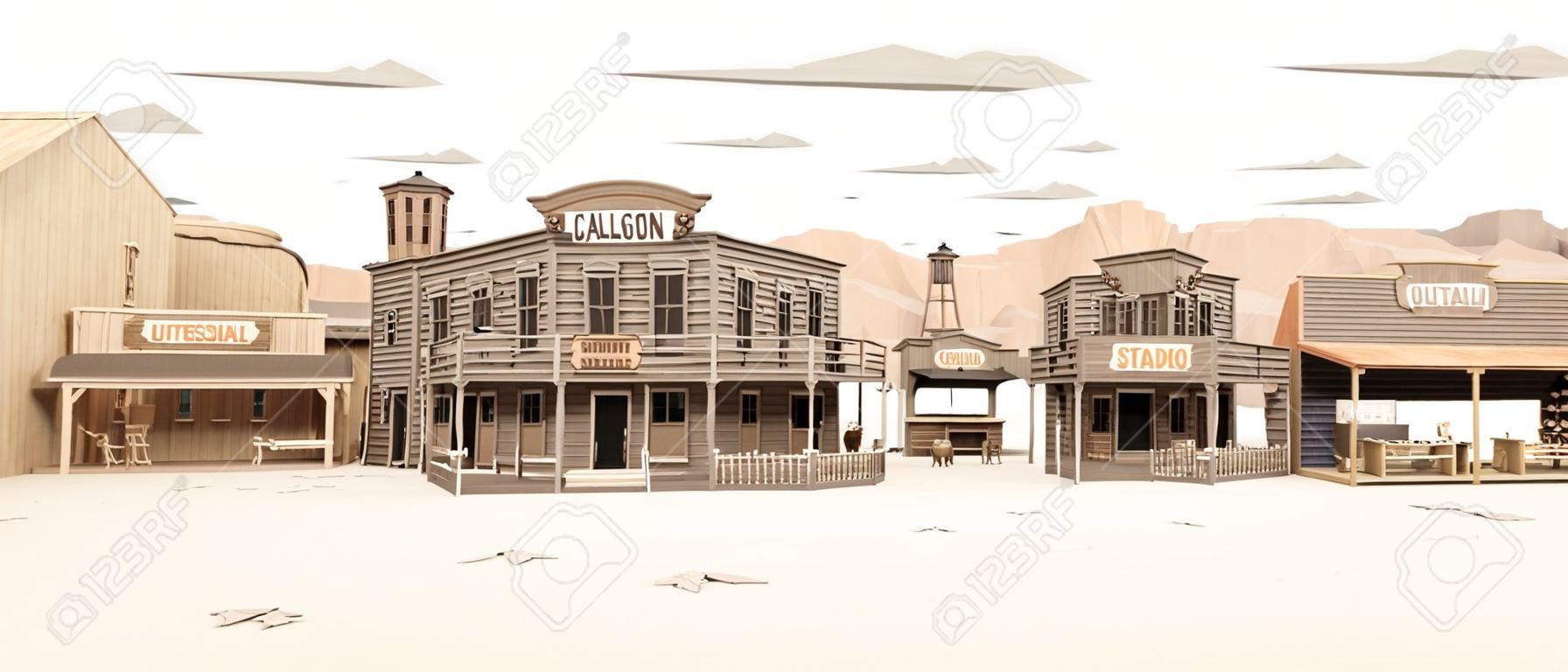 Szeroki widok z boku na rustykalne antyczne miasteczko Low Polygon Western z różnymi firmami. renderowanie 3d