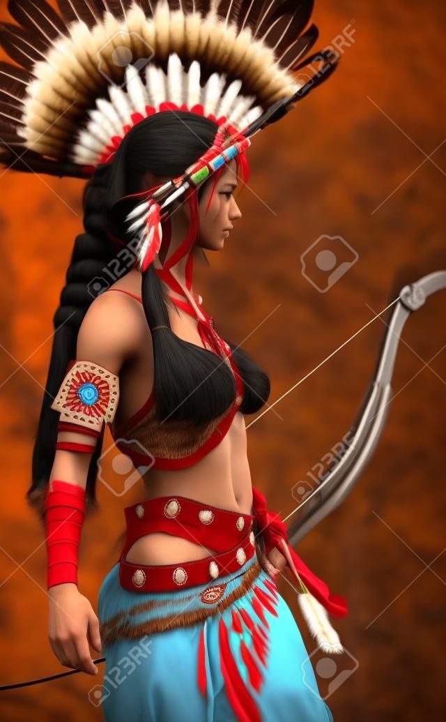 Rdzenna indyjska kobieta w tradycyjnym stroju i uzbrojona w łuk i strzały wyrusza na polowanie na swoje plemię. renderowanie 3d