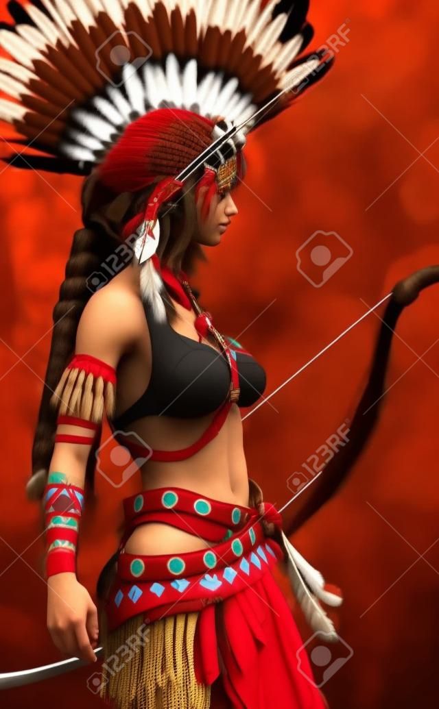 Una donna indiana nativa americana che indossa abiti tradizionali e armata di arco e frecce è a caccia della sua tribù. rendering 3d