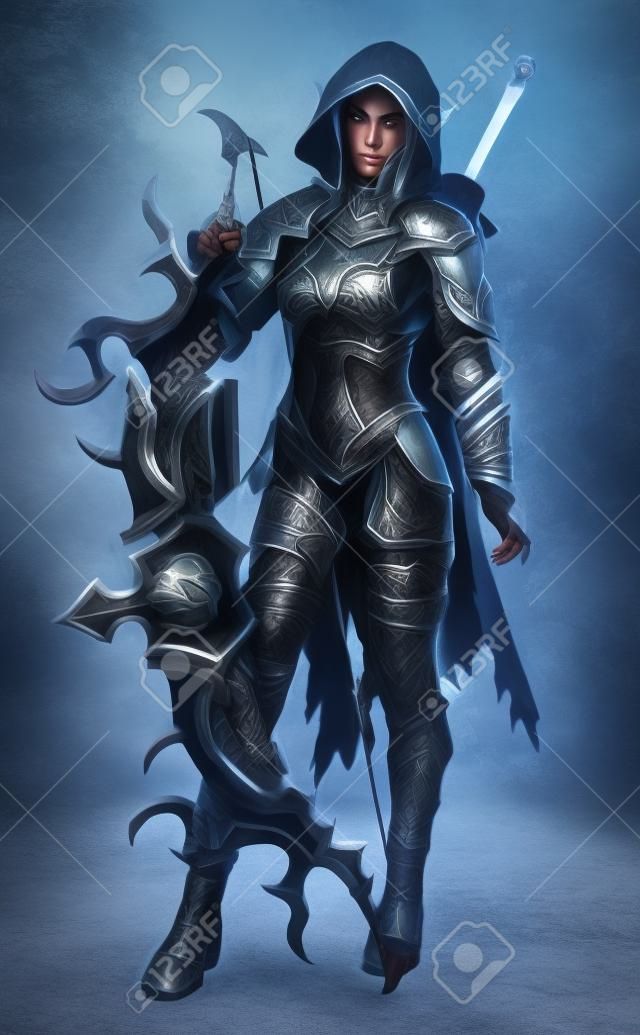 Retrato de una guerrera arquera elfa oscura con capucha pesadamente blindada de fantasía con el pelo largo blanco y equipada con un arco y una espada. Representación 3D. Ilustración de fantasía sobre un fondo blanco aislado.