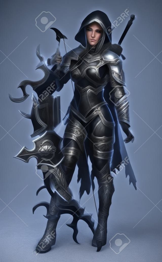 Retrato de una guerrera arquera elfa oscura con capucha pesadamente blindada de fantasía con el pelo largo blanco y equipada con un arco y una espada. Representación 3D. Ilustración de fantasía sobre un fondo blanco aislado.