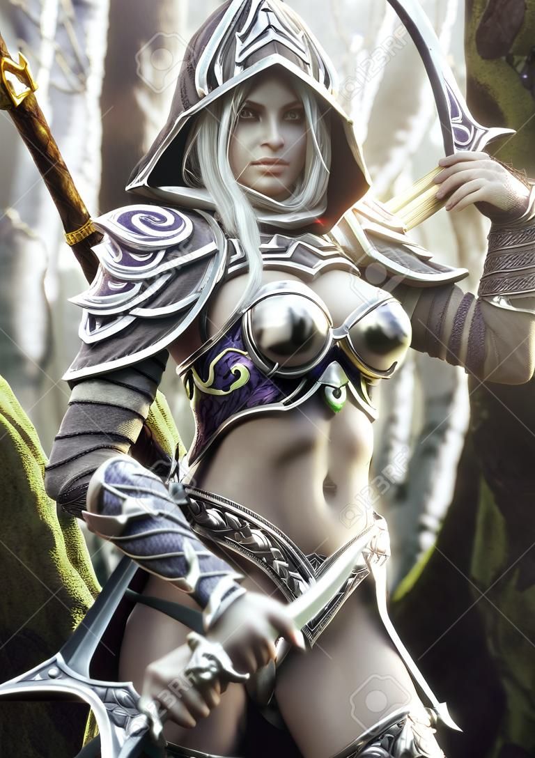 Le pays des elfes. Portrait d'un guerrier archer féminin elfe noir à capuchon fortement blindé avec de longs cheveux blancs et équipé d'un arc. rendu 3D. Illustration fantastique
