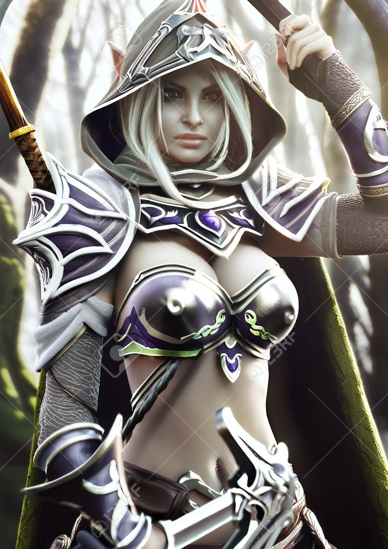 La tierra de los elfos. Retrato de una guerrera arquera elfa oscura con capucha pesadamente blindada de fantasía con cabello largo blanco y equipada con un arco. Representación 3D. Ilustración de fantasía