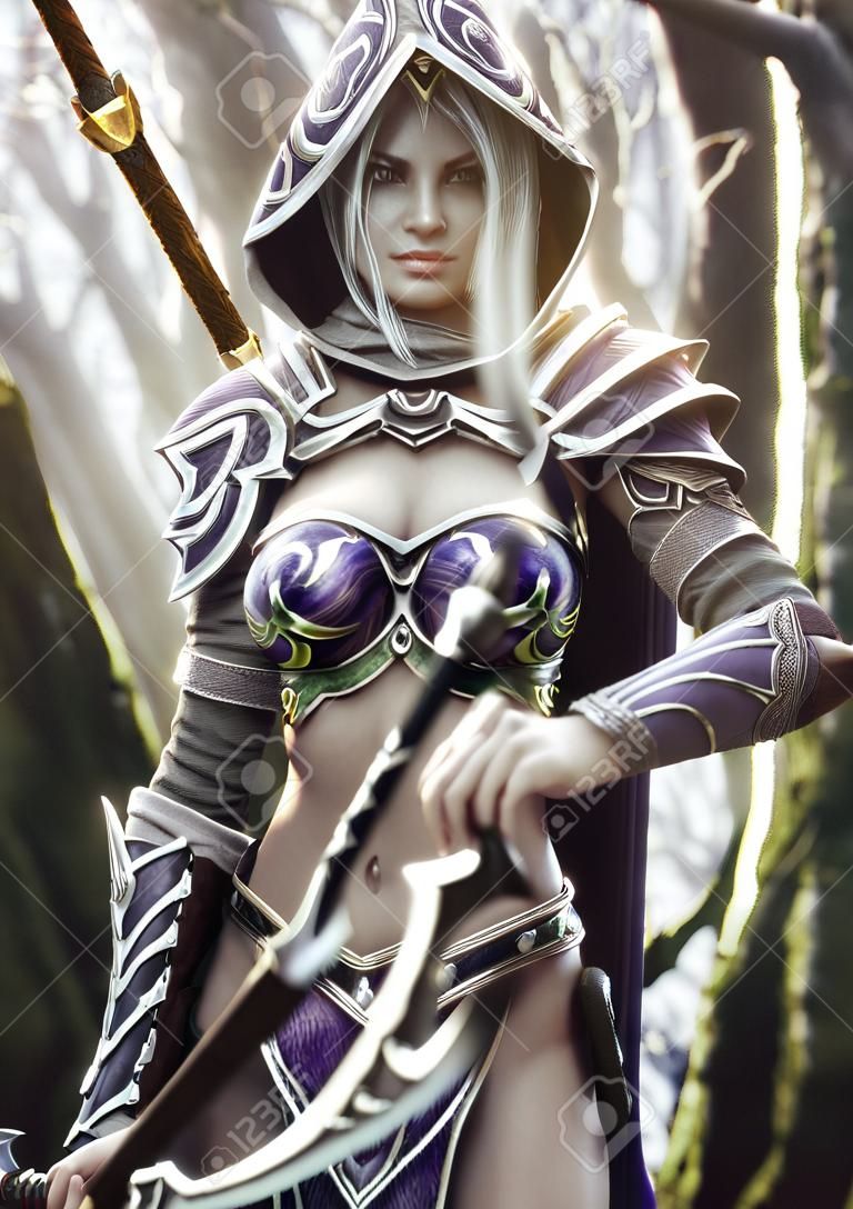 La terra degli elfi. Ritratto di un guerriero arciere donna elfo scuro con cappuccio pesantemente corazzato fantasy con lunghi capelli bianchi e dotato di un arco. rendering 3D. Illustrazione di fantasia