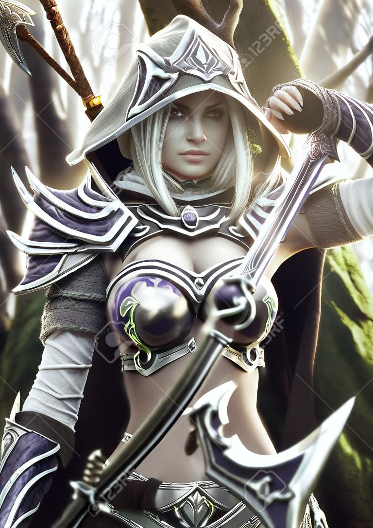 La tierra de los elfos. Retrato de una guerrera arquera elfa oscura con capucha pesadamente blindada de fantasía con cabello largo blanco y equipada con un arco. Representación 3D. Ilustración de fantasía