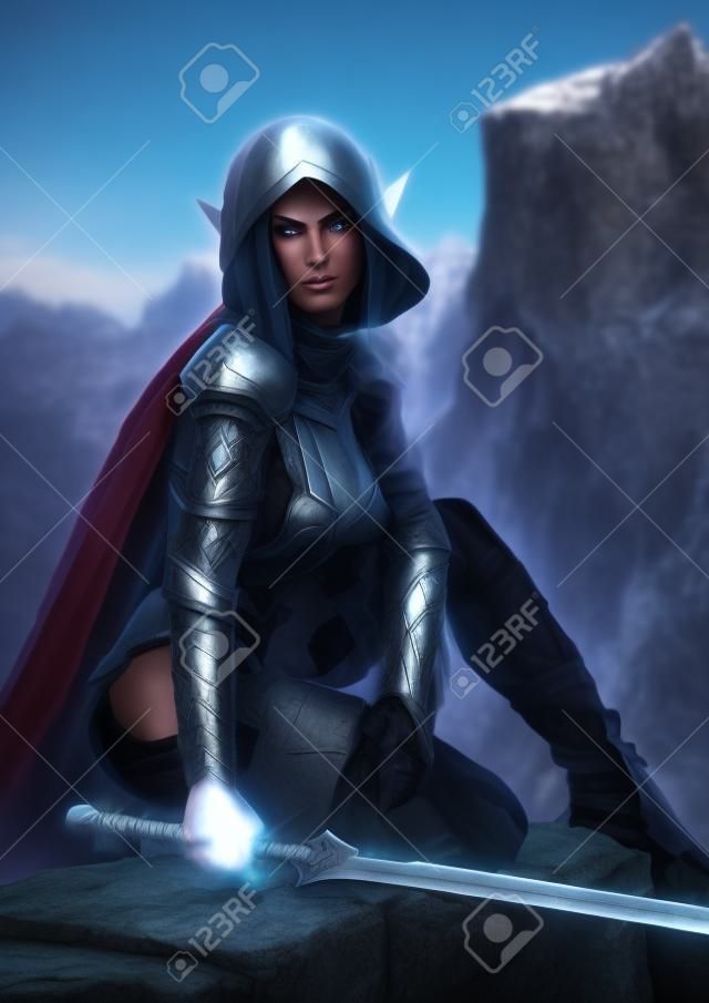 Porträt einer Fantasy-Kapuzen-Dunkelelfen-Kriegerin mit weißem, langem Haar und ausgestattet mit einem Schwert, das auf einem hohen Klippenfelsen mit Bergen im fernen Hintergrund posiert. 3D-Rendering Fantasy-Illustration