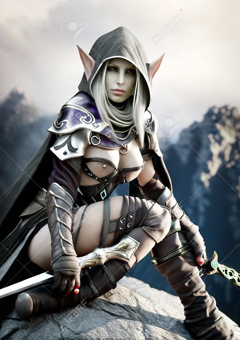 Retrato de una guerrera elfa oscura encapuchada de fantasía con cabello largo blanco y equipada con una espada posando sobre un acantilado con montañas en el fondo distante. Representación 3D Ilustración de fantasía