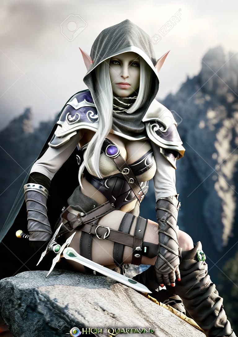 Ritratto di una guerriera elfo scuro con cappuccio fantasy con lunghi capelli bianchi e dotata di una spada in posa su un'alta scogliera con montagne sullo sfondo distante. Rendering 3D Illustrazione di fantasia