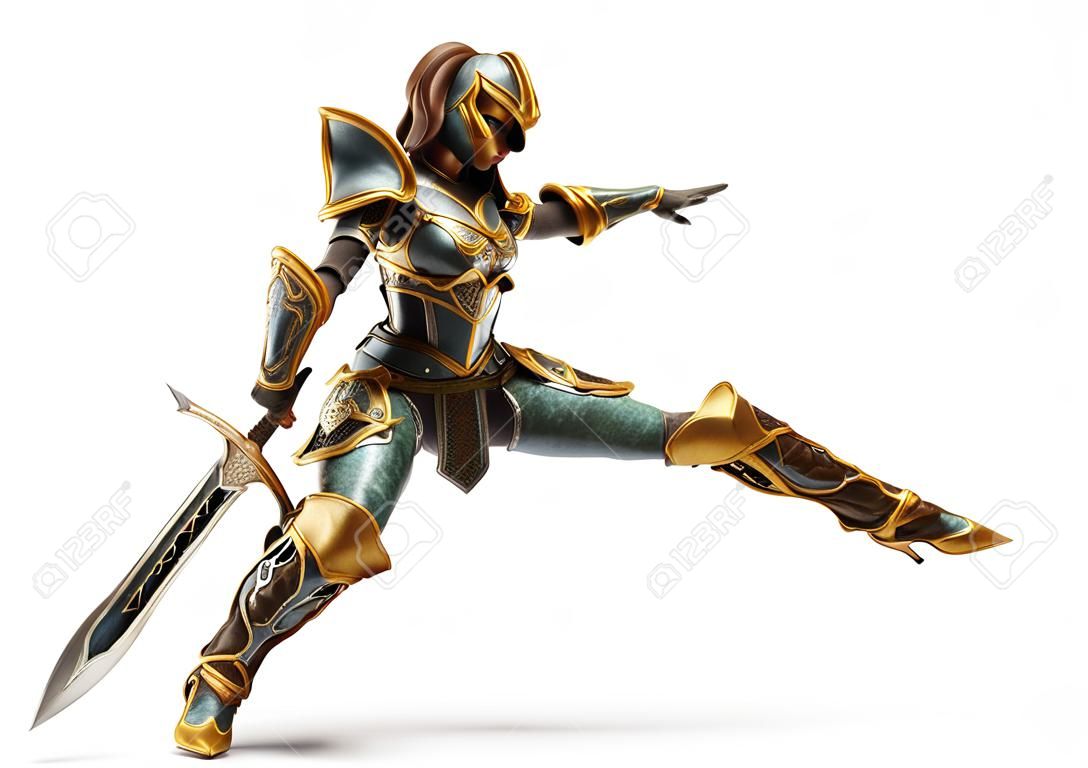 Knight captain female posing with her sword in a fighters combat stance on an isolated white background. 3d rendering