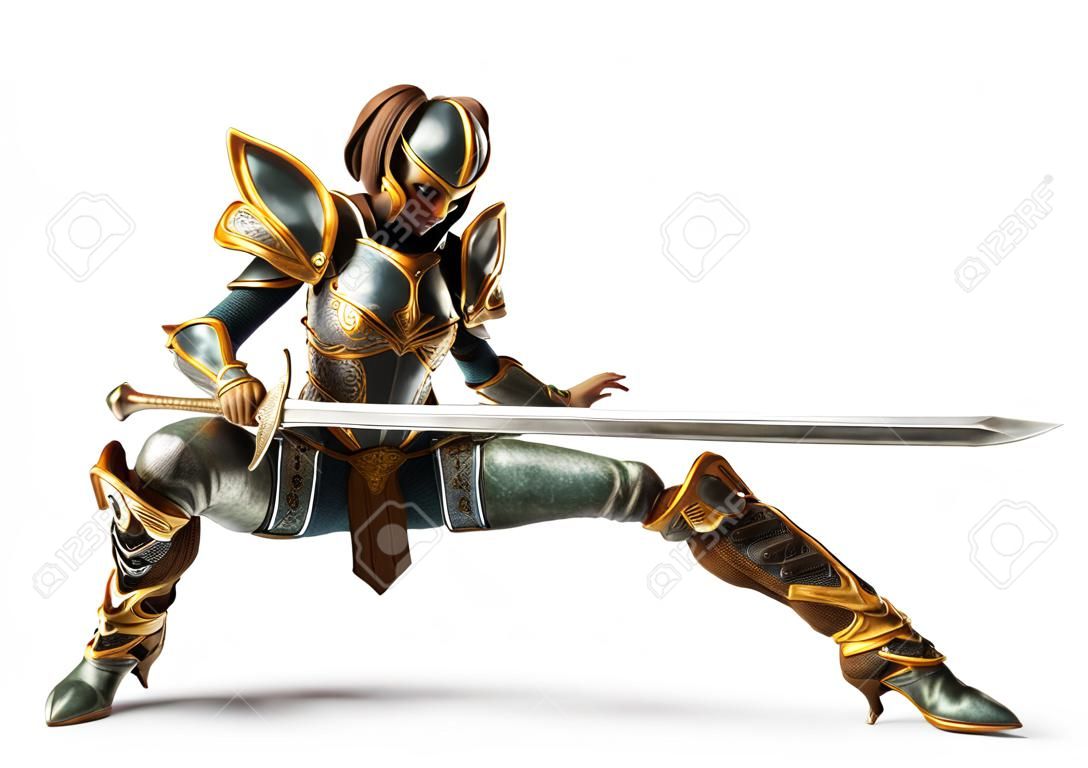 Cavaliere capitano femmina in posa con la sua spada in una posizione di combattimento di combattenti su uno sfondo bianco isolato. rendering 3d