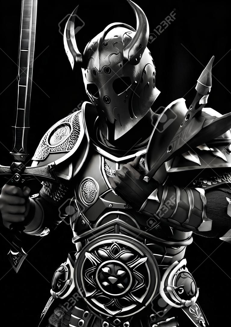 Dziki, śmiercionośny wojownik bojowy ubrany w ciężką zbroję i wyposażony w miecz o tematyce fantasy, postać 3D renderowana w czerni i bieli