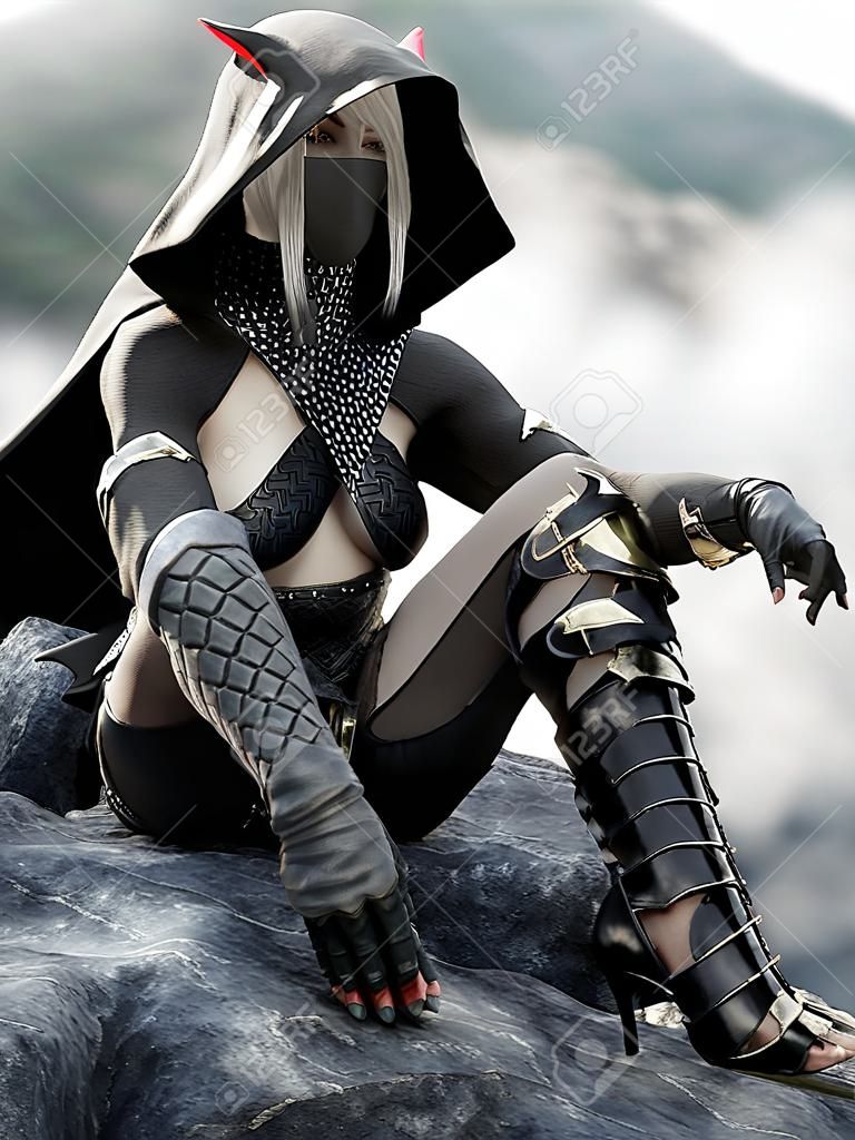 Portrait of a lone hooded and masked mysterious female Dark Elf rouge sitting atop a rock outcropping waiting for her next objective . 3d rendering