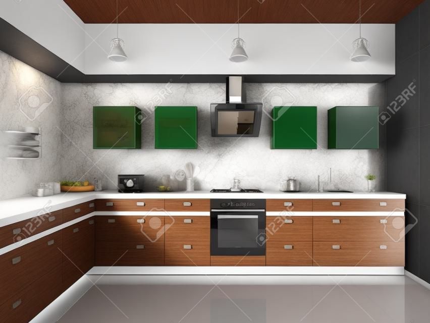 Modern kitchen with sink,gas cooktop and hood interior 3d