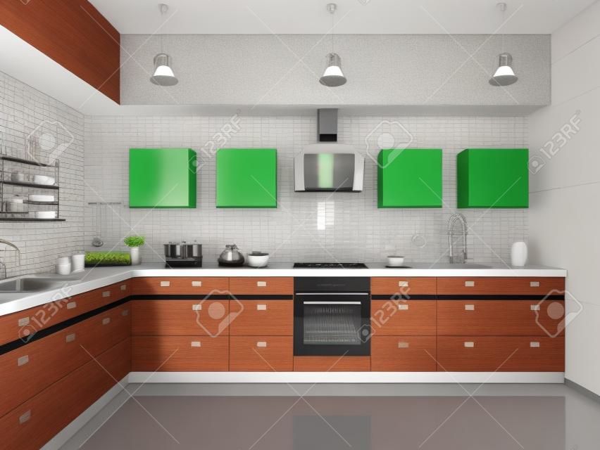 Modern kitchen with sink,gas cooktop and hood interior 3d