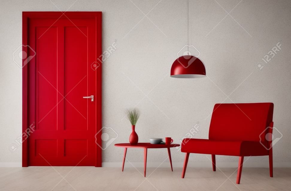 Modern interior del salotto con porta rossa, poltrona e tavolino rendering 3D